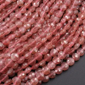 AAA Faceted 6mm Strawberry Quartz Coin Beads Flat Disc Dazzling Facets 16" Strand