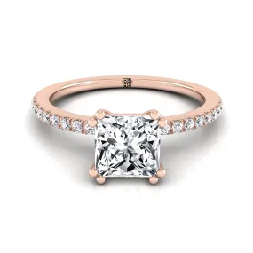 14K Rose Gold Princess Cut Diamond Simple French Pave Double Claw Prong Engagement Ring -1/6ctw