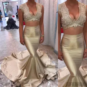 2 Pieces Sleeveless Lace Gold Satin Prom Dresses, Long Mermaid Prom Dresses, Cheap Prom Dresses, PD0329