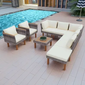 9-Piece Patio Rattan Furniture Set with Acacia Wood Legs, Sectional Sofa, Beige Cushions