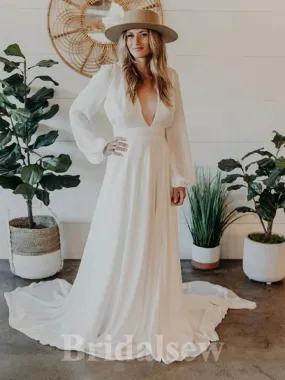 A-line Beach Romantic Simple Long Sleeves V-Neck Vintage Long Wedding Dresses WD379