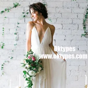 A-Line Deep V-Neck Sweep Train Backless Ivory Chiffon Wedding Dress with Pleats, TYP0856