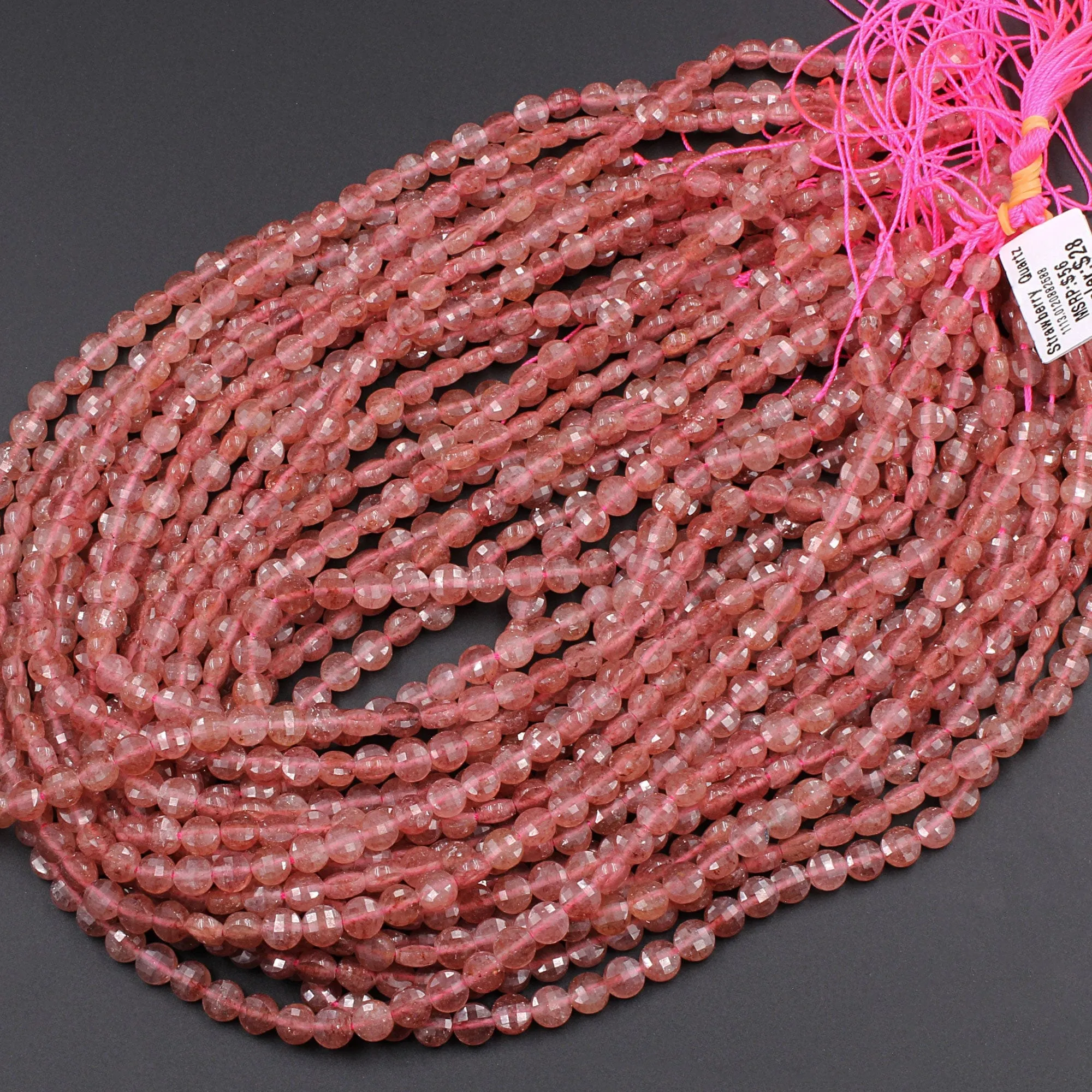 AAA Faceted 6mm Strawberry Quartz Coin Beads Flat Disc Dazzling Facets 16" Strand