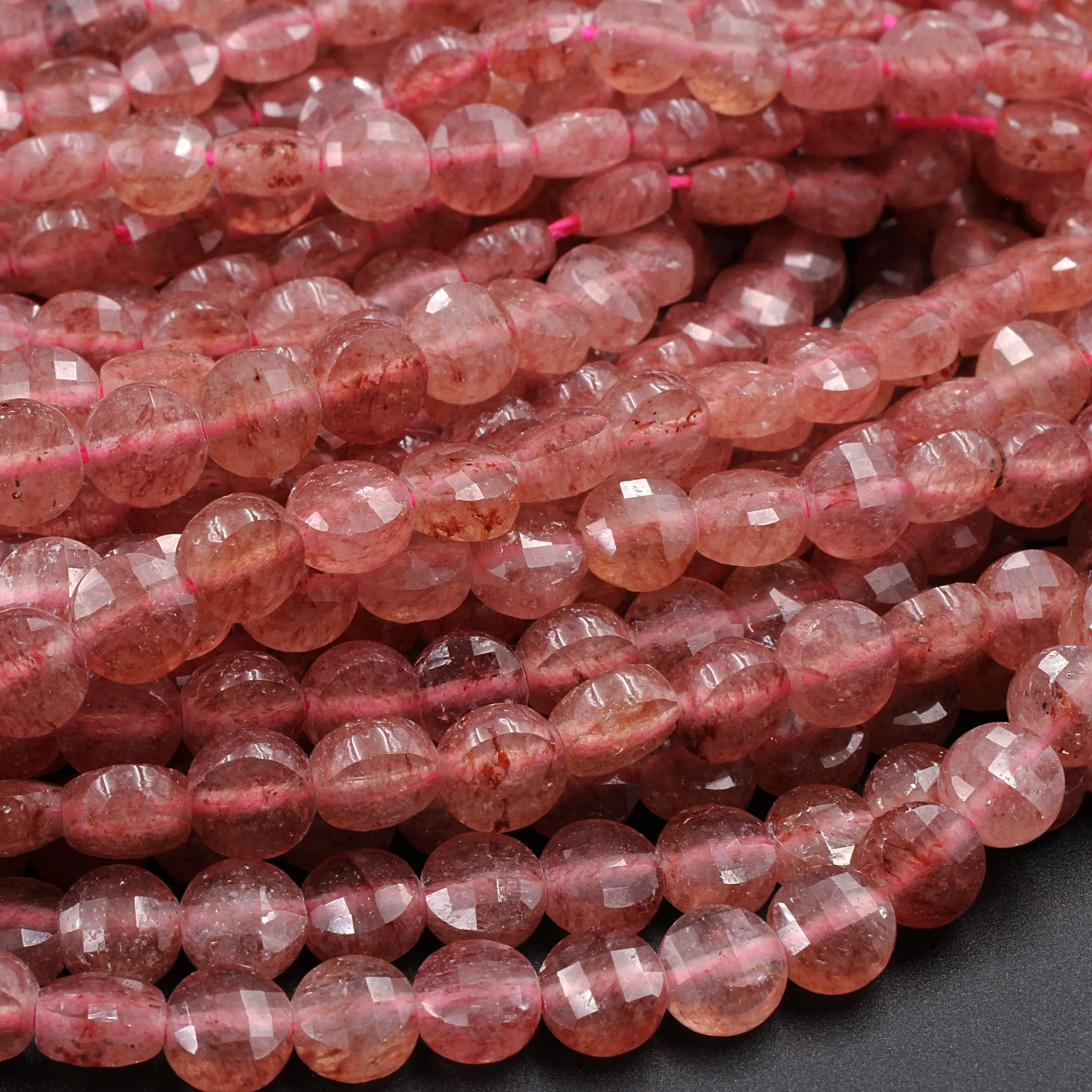 AAA Faceted 6mm Strawberry Quartz Coin Beads Flat Disc Dazzling Facets 16" Strand