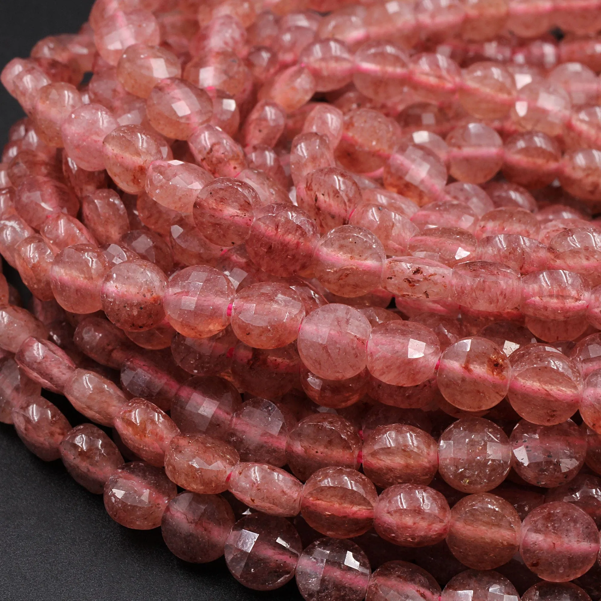 AAA Faceted 6mm Strawberry Quartz Coin Beads Flat Disc Dazzling Facets 16" Strand