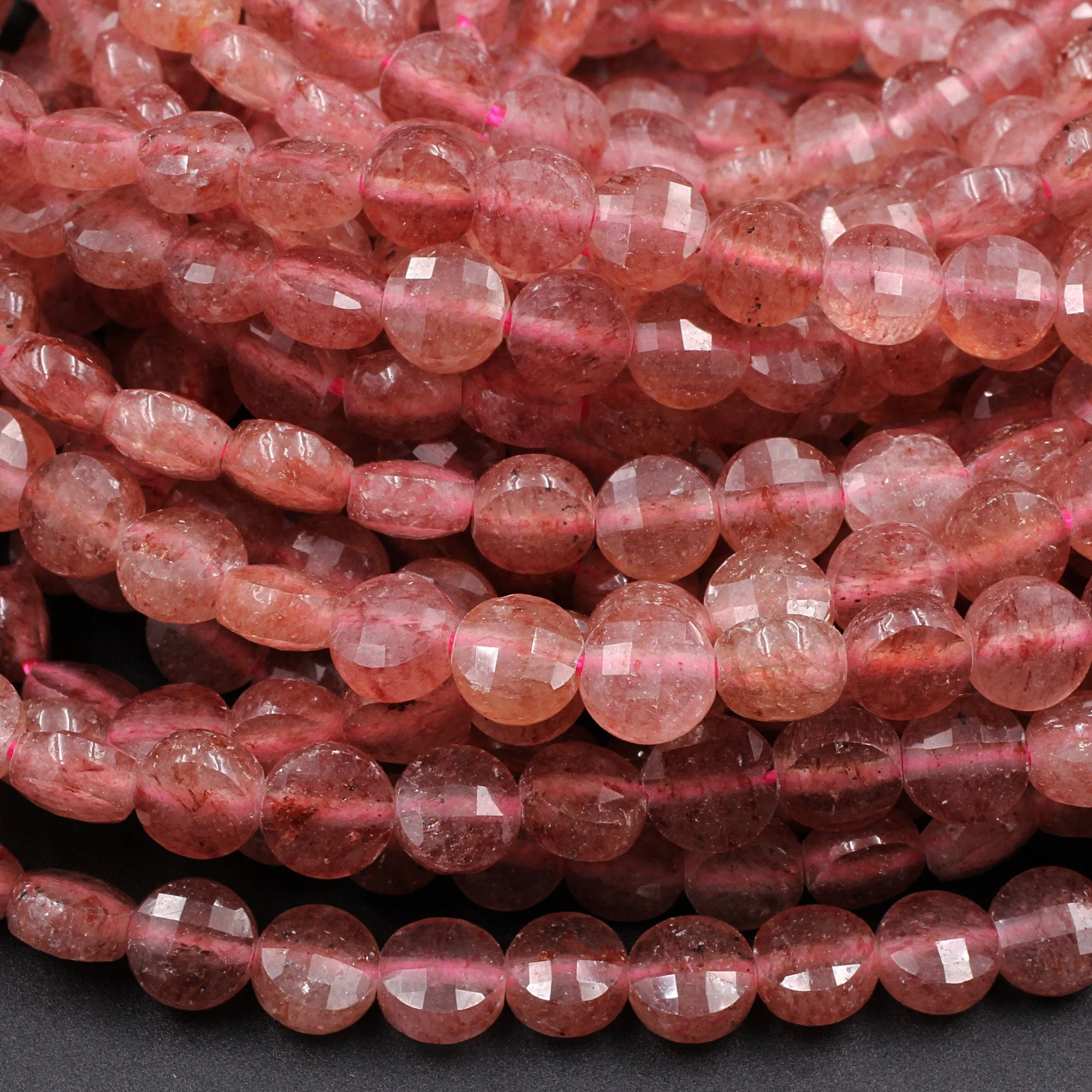 AAA Faceted 6mm Strawberry Quartz Coin Beads Flat Disc Dazzling Facets 16" Strand