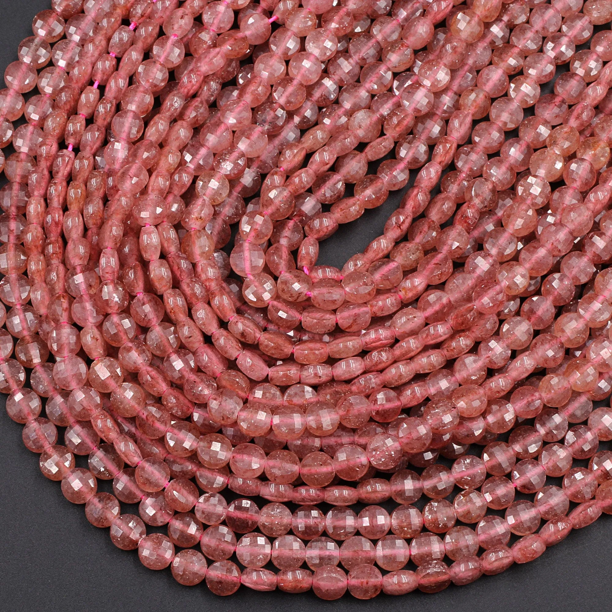 AAA Faceted 6mm Strawberry Quartz Coin Beads Flat Disc Dazzling Facets 16" Strand