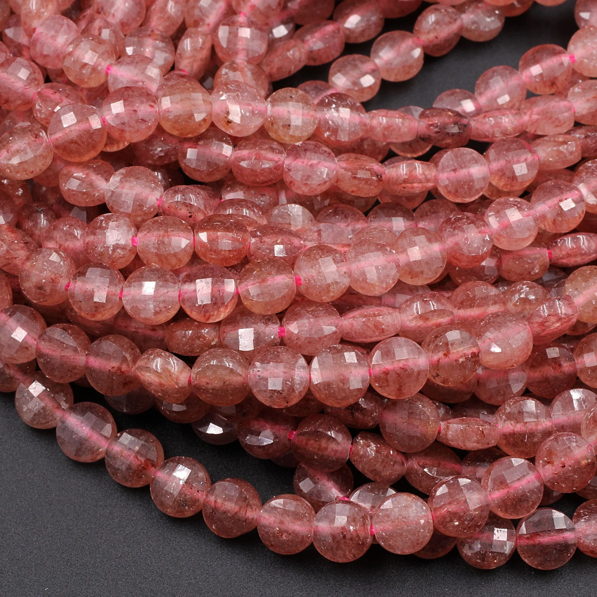 AAA Faceted 6mm Strawberry Quartz Coin Beads Flat Disc Dazzling Facets 16" Strand