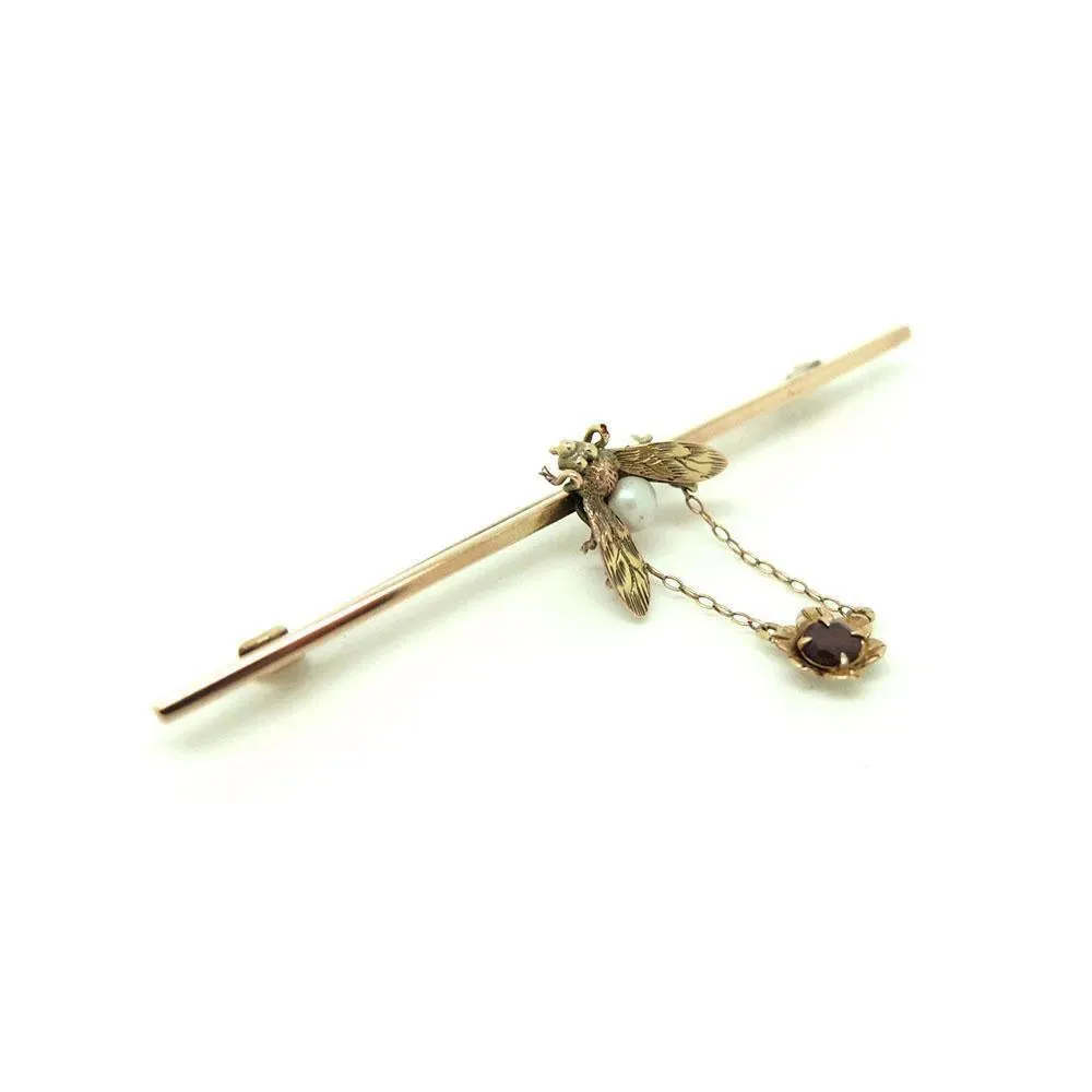 Antique Edwardian 9ct Gold Garnet Fly Pearl Brooch