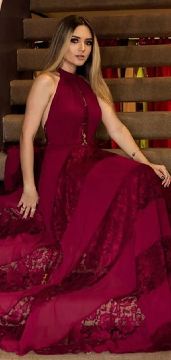 Burgundy Lace Unique Halter A-line Long Prom Dresses.PD00275