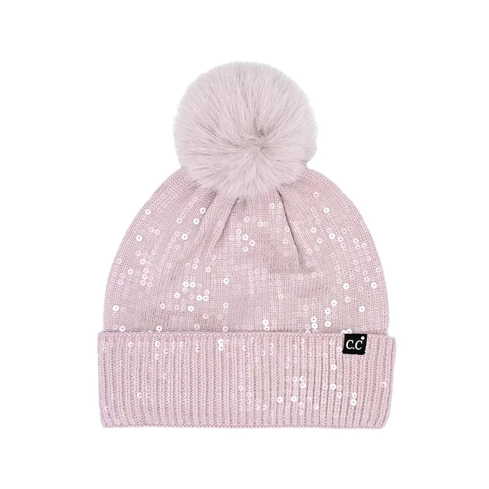 C.C All Over Clear Sequin Pom Beanie