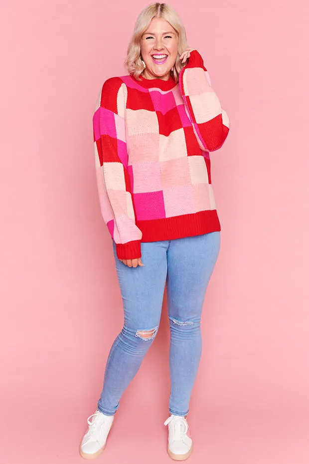 Check Mate Pink and Red Knit