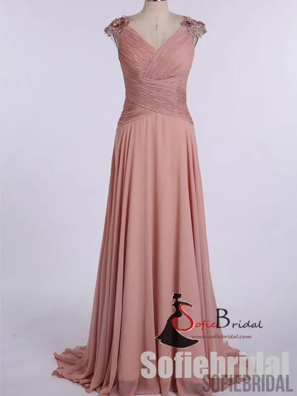 Dusty Pink Long A-line Chiffon Appliques Bridesmaid Dresses, PD0900