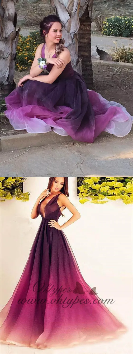 Elegant Deep V-neck Unique Colors Long Cheap Chiffon Prom Dresses, TYP1465