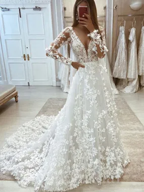 Elegant V-neck Long sleeves A-line Lace applique Wedding Dresses,WD3052