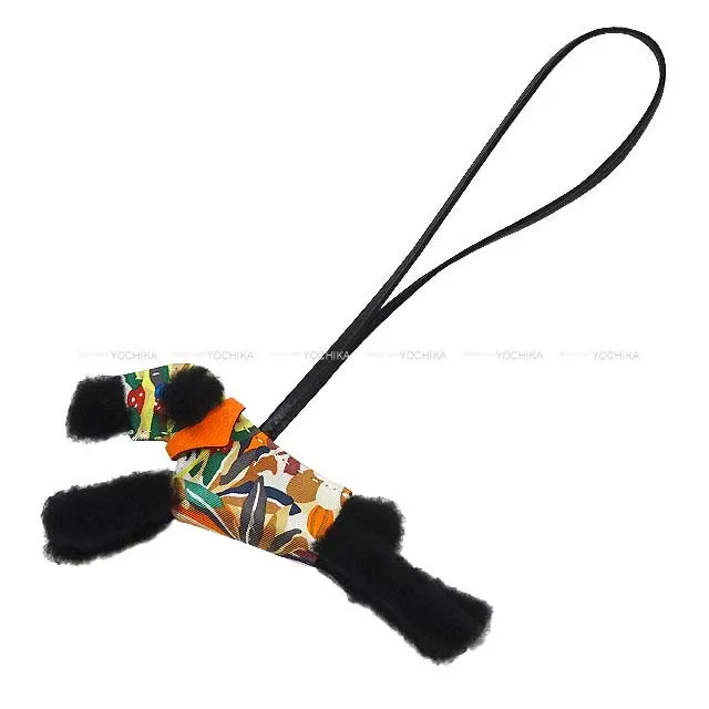 HERMES bag charm Buddy Dog Aloha Noir (Black)/Orange (Agneau Milo/Mouton/Silk100%) Stamp B[BRAND NEW][Authentic]