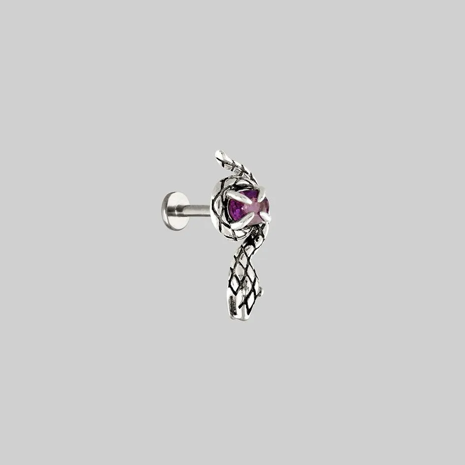 INSIDIOUS. Amethyst Coiled Snake Stud Earring - Silver