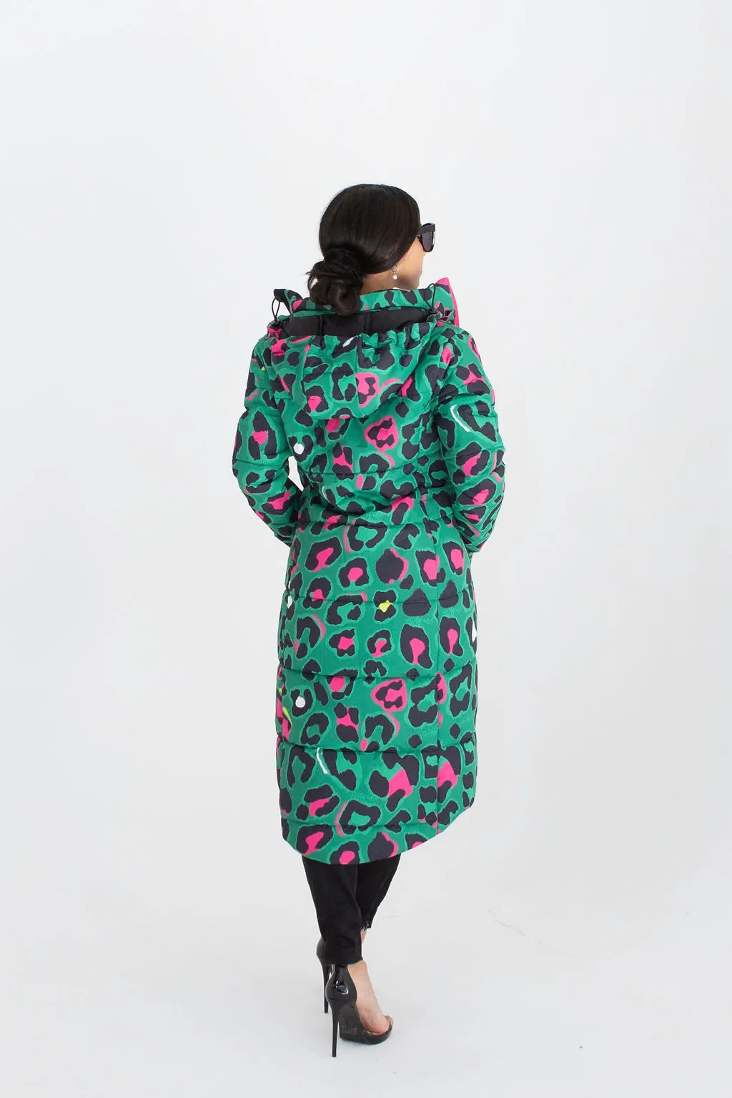 Leopard Pop waterproof longline puffer coat