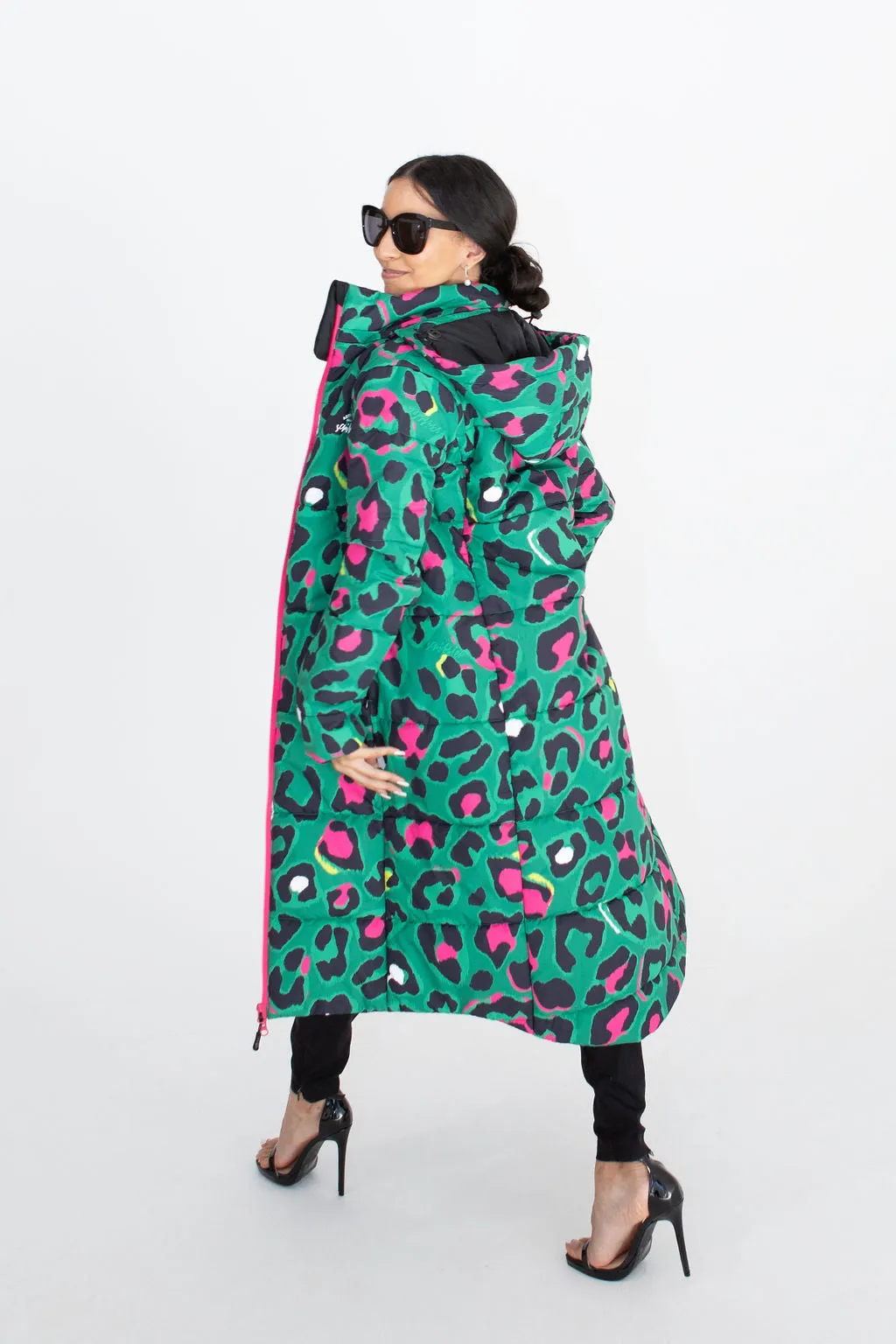 Leopard Pop waterproof longline puffer coat