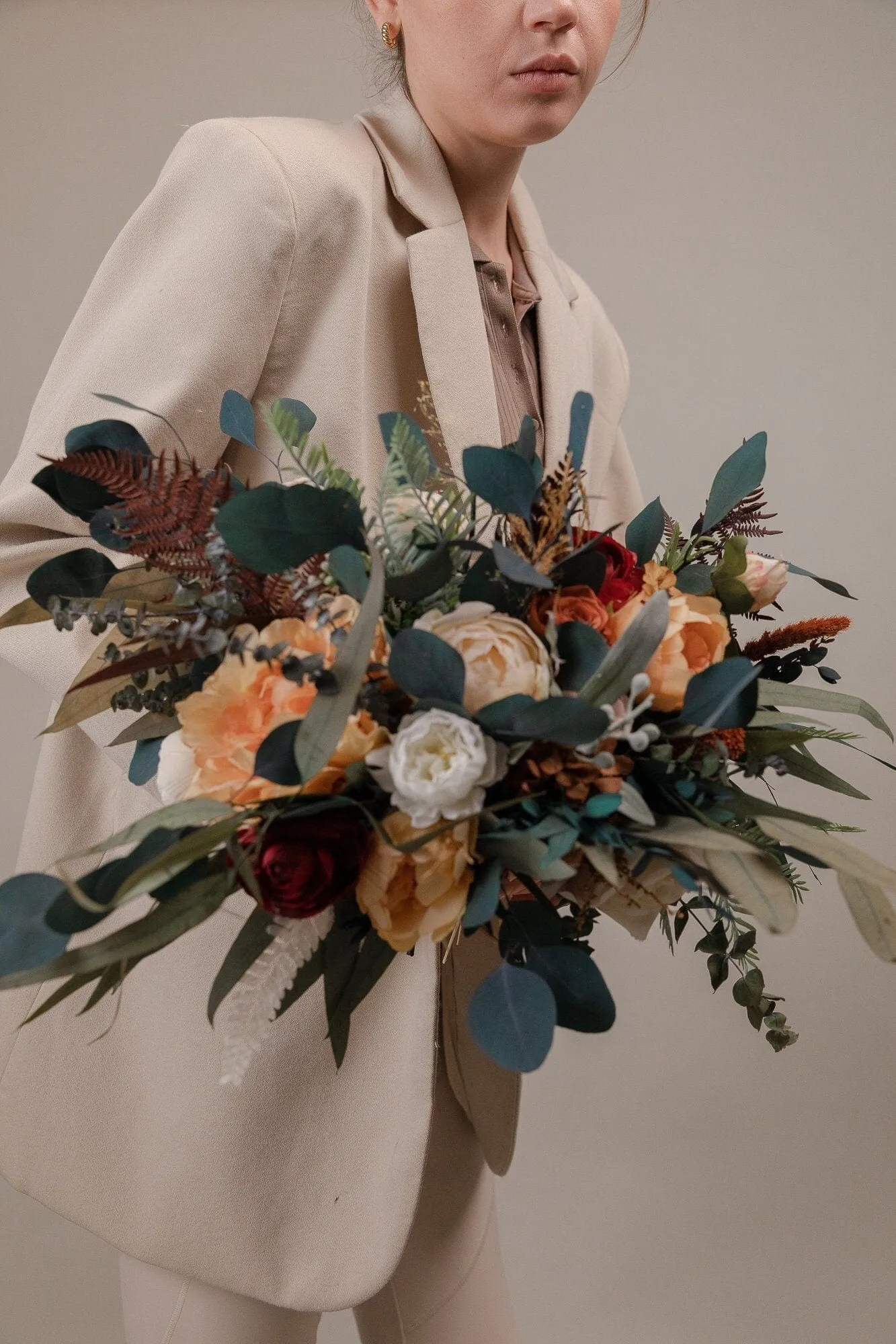 Peach Flowers & Preserved Eucalyptus Artificial Picked Boho Bouquet / Bridal Bouquet Artificial and Dried Mix